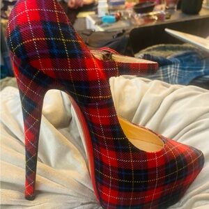 Christian louboutin red tartan plaid plate form pumps